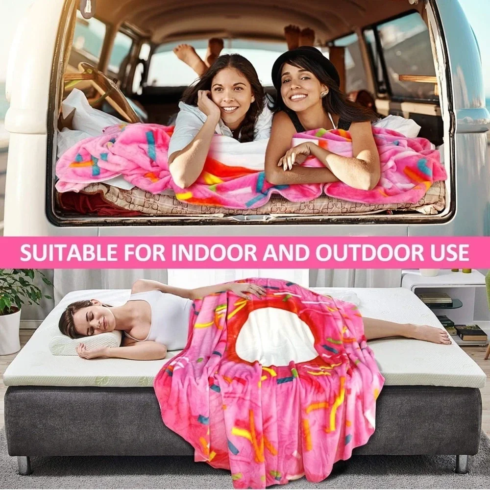 Giant Donut Throw Blanket, Double Sided, Pink, White, 71 inches